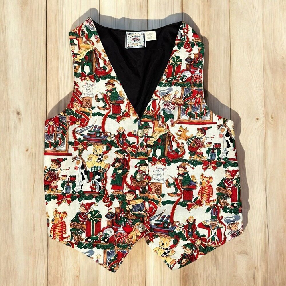 Vintage Christmas Vest Ugly Tie-Back Elf Elves Dog Toys Shop Button Up Bear Drum